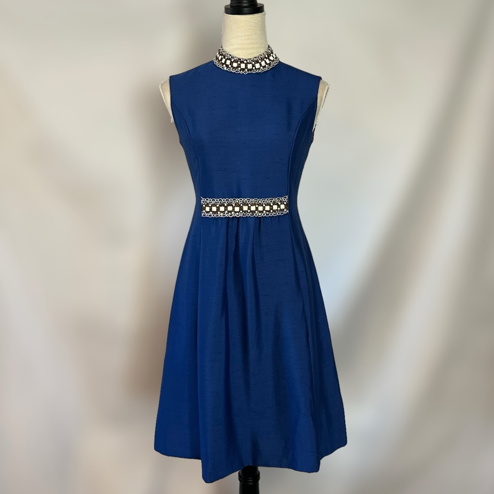 Vintage Lillie Rubin Union Made 70s Fit Flare Blue Dress Sz S - Picture 1 of 13